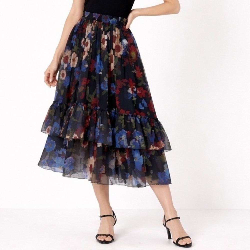 Geisha Designs Anthropologie Ruffled Floral Midi Skirt Whimsigoth Boho 1X
